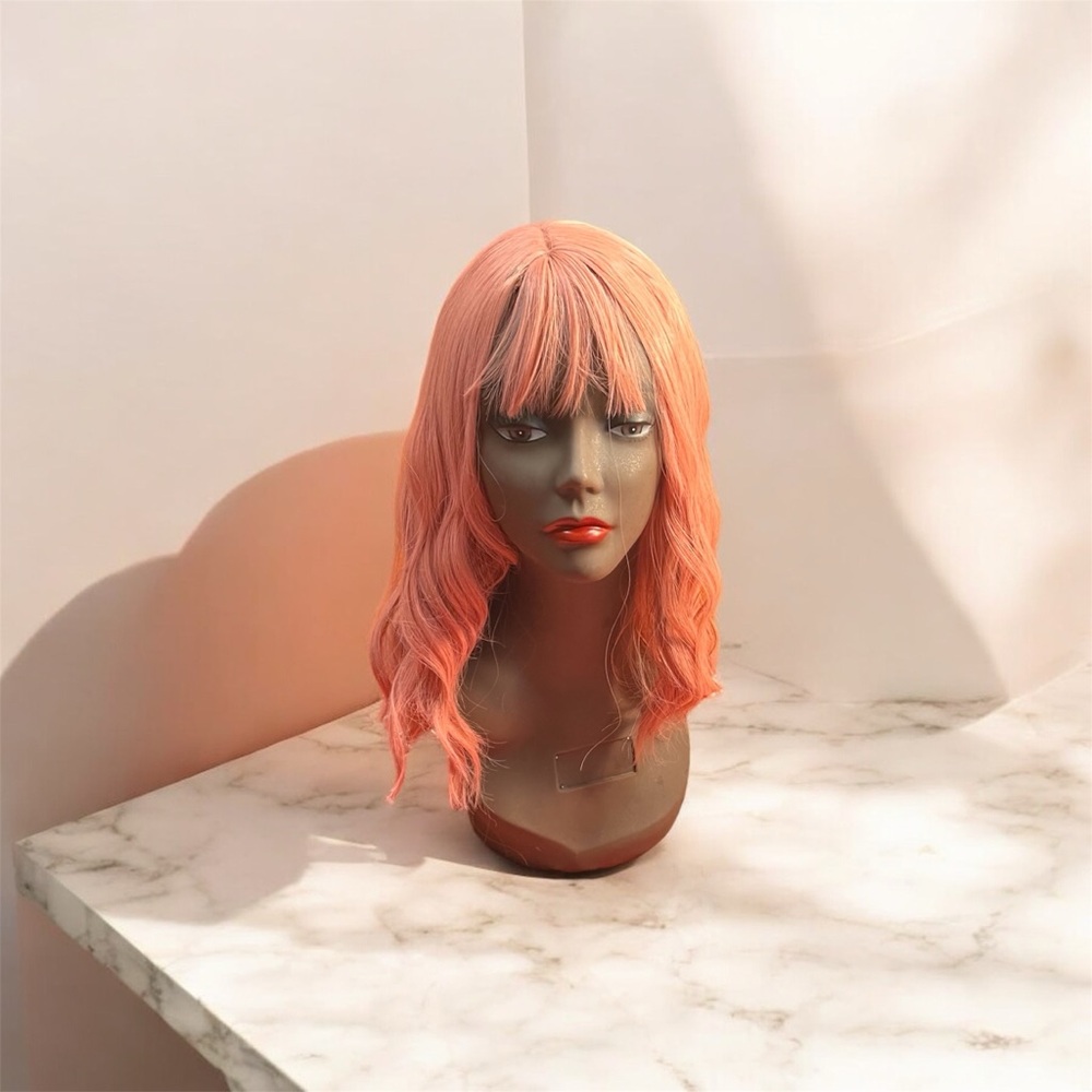 Wavy Pinkish Wig with Bangs - Synthetic Shoulder Length Hair for Cosplay, NWOT